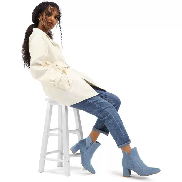 mysoft Womens Ankle Boots Chunky Block Low Heel Comfortable Pointed Toe Side V Cutout Dressy Office Booties with ZipperDenim