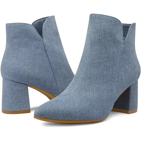 mysoft Womens Ankle Boots Chunky Block Low Heel Comfortable Pointed Toe Side V Cutout Dressy Office Booties with ZipperDenim