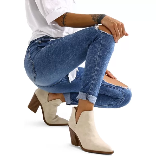 mysoft Womens Ankle Boots Slip on Cutout Pointed Toe Chunky Stacked Mid Heel BootiesOffwhite