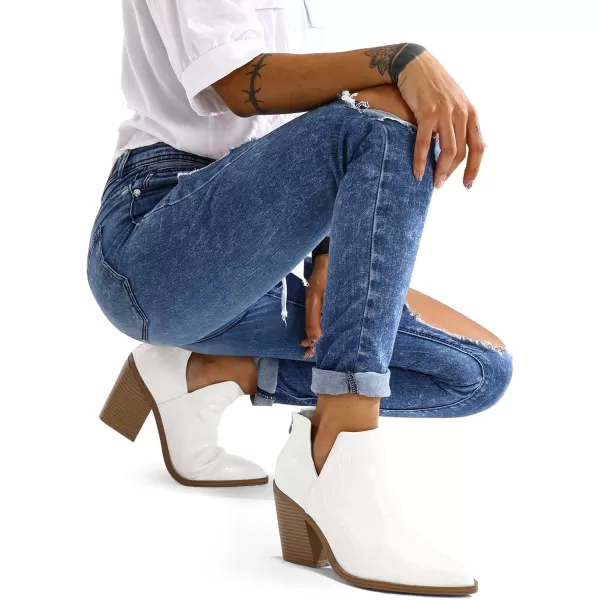 mysoft Womens Ankle Boots Slip on Cutout Pointed Toe Chunky Stacked Mid Heel BootiesWhite Snake