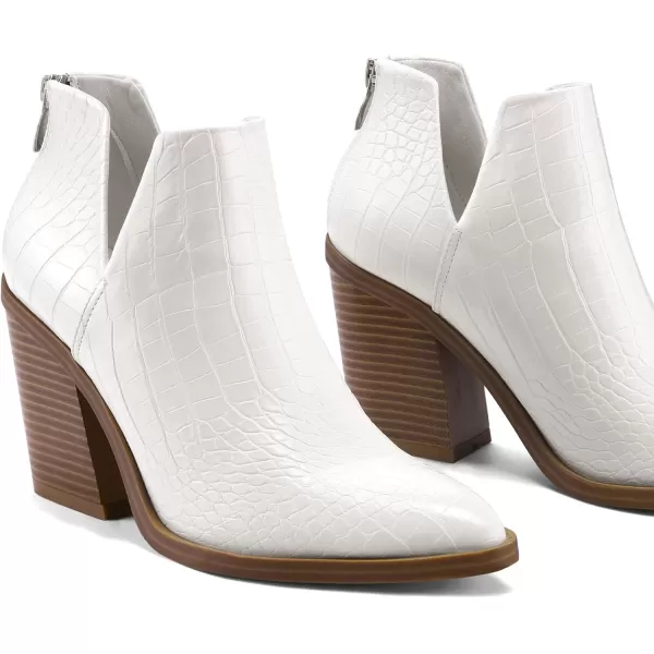 mysoft Womens Ankle Boots Slip on Cutout Pointed Toe Chunky Stacked Mid Heel BootiesWhite Snake