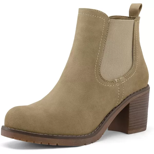 mysoft Womens Ankle Chelsea Boots Slip On Mid Chunky Stacked Heel BootiesWheat Nubuck