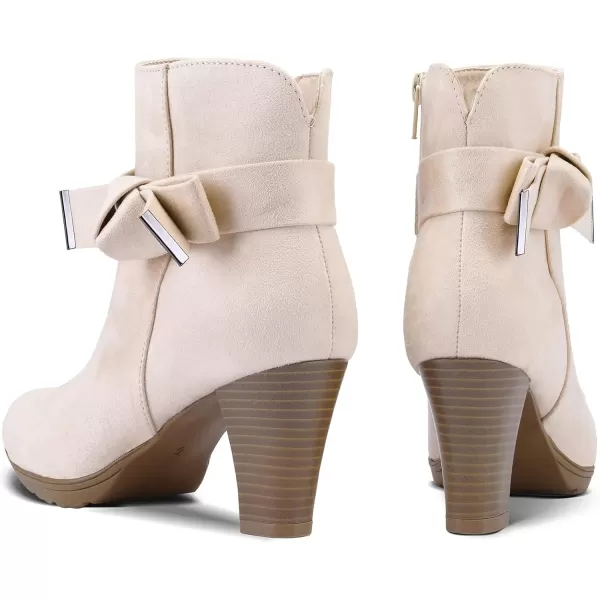 mysoft Womens Booties with Heel Chunky Stacked Heel Zipper Ankle Boots for LadiesBeige Bow