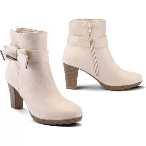 mysoft Womens Booties with Heel Chunky Stacked Heel Zipper Ankle Boots for LadiesBeige Bow