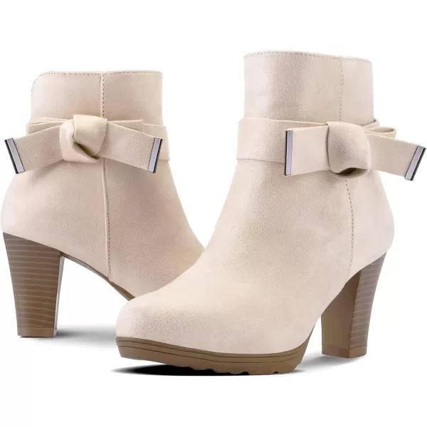 mysoft Womens Booties with Heel Chunky Stacked Heel Zipper Ankle Boots for LadiesBeige Bow