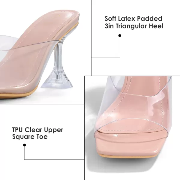 mysoft Womens Clear Heeled Sandals Square Toe Transparent Stiletto Mules Open Toe Slip on Dress ShoesNude