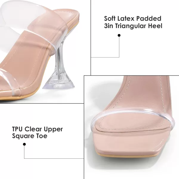 mysoft Womens Clear Heeled Sandals Square Toe Transparent Stiletto Mules Open Toe Slip on Dress ShoesNude Strappy