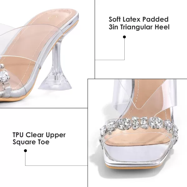 mysoft Womens Clear Heeled Sandals Square Toe Transparent Stiletto Mules Open Toe Slip on Dress ShoesRhinestones