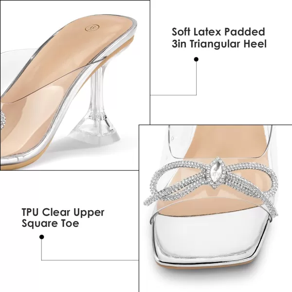 mysoft Womens Clear Heeled Sandals Square Toe Transparent Stiletto Mules Open Toe Slip on Dress ShoesRhinestones Bowknot