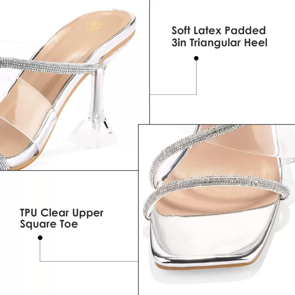 mysoft Womens Clear Heeled Sandals Square Toe Transparent Stiletto Mules Open Toe Slip on Dress ShoesRhinestones Cross