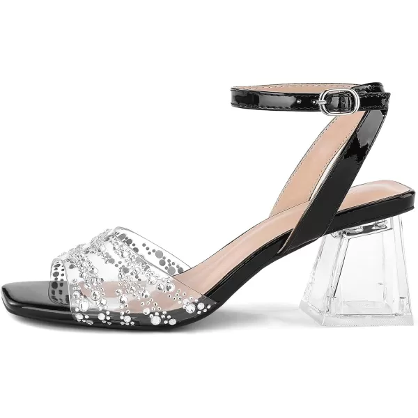 mysoft Womens Clear Heels Low Chunky Heel Open Toe Transparent Zebra Rhinestones Block Heeled Sandals Ankle Strap ShoesBlack