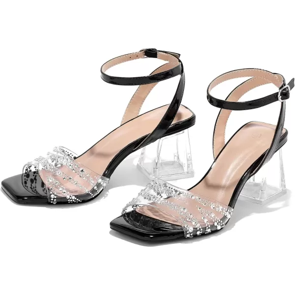 mysoft Womens Clear Heels Low Chunky Heel Open Toe Transparent Zebra Rhinestones Block Heeled Sandals Ankle Strap ShoesBlack