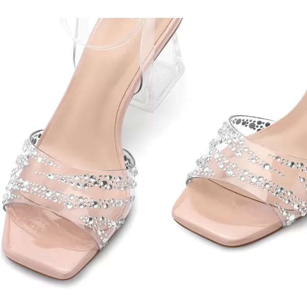 mysoft Womens Clear Heels Low Chunky Heel Open Toe Transparent Zebra Rhinestones Block Heeled Sandals Ankle Strap ShoesRhinestone Nude