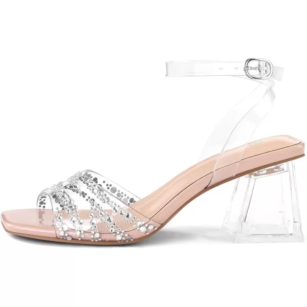 mysoft Womens Clear Heels Low Chunky Heel Open Toe Transparent Zebra Rhinestones Block Heeled Sandals Ankle Strap ShoesRhinestone Nude