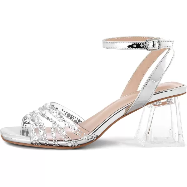 mysoft Womens Clear Heels Low Chunky Heel Open Toe Transparent Zebra Rhinestones Block Heeled Sandals Ankle Strap ShoesSliver