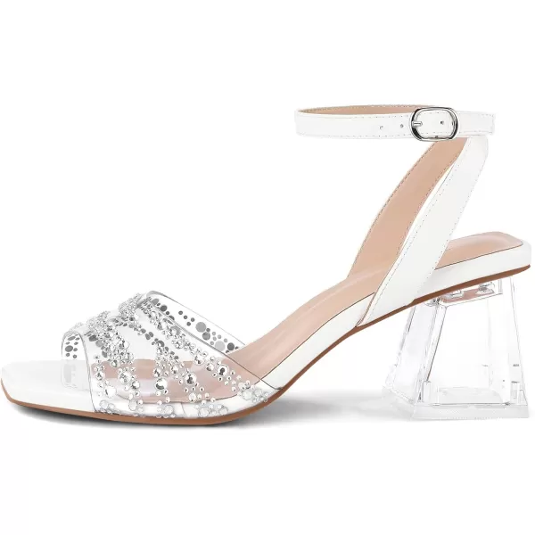 mysoft Womens Clear Heels Low Chunky Heel Open Toe Transparent Zebra Rhinestones Block Heeled Sandals Ankle Strap ShoesWhite