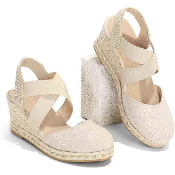 mysoft Womens Closed Toe Crisscross Elastic Ankle Strap Platform Espadrille Wedge SandalsBeige