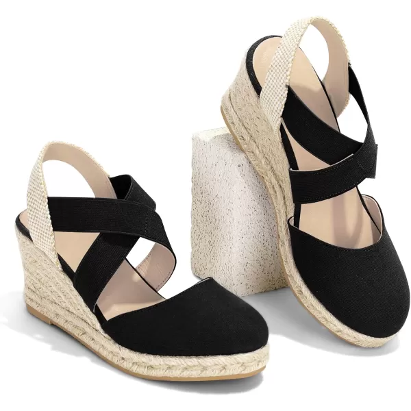 mysoft Womens Closed Toe Crisscross Elastic Ankle Strap Platform Espadrille Wedge SandalsBlack