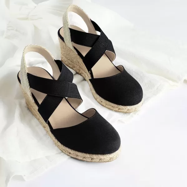 mysoft Womens Closed Toe Crisscross Elastic Ankle Strap Platform Espadrille Wedge SandalsBlack