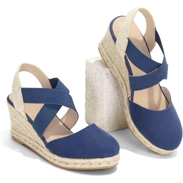 mysoft Womens Closed Toe Crisscross Elastic Ankle Strap Platform Espadrille Wedge SandalsNavy