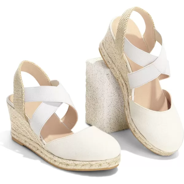 mysoft Womens Closed Toe Crisscross Elastic Ankle Strap Platform Espadrille Wedge SandalsWhite