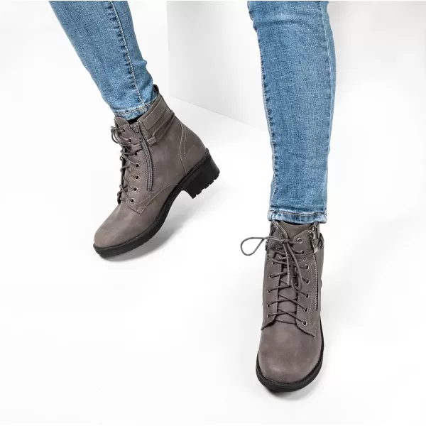 mysoft Womens Combat Boots Lace Up Side Zipper Ankle Booties Comfortable Work Casual ShoesGrey
