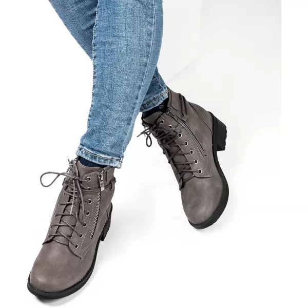 mysoft Womens Combat Boots Lace Up Side Zipper Ankle Booties Comfortable Work Casual ShoesGrey