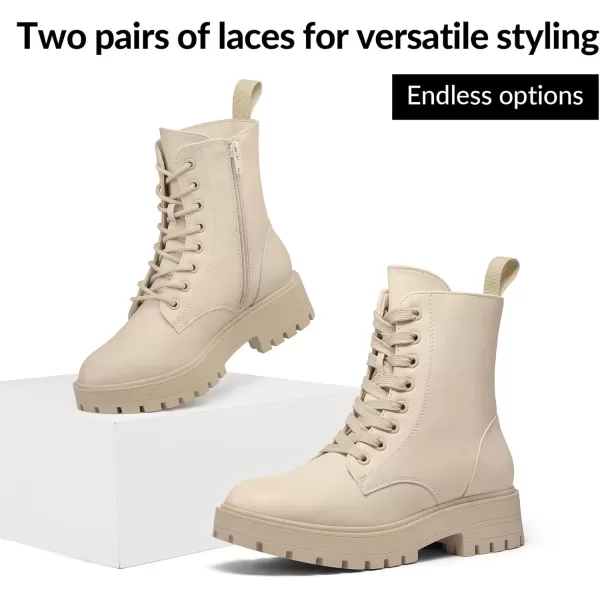 mysoft Womens Combat Boots LaceUp Platform Chunky Low Heel Ankle Booties Side Zipper ShoesBeige