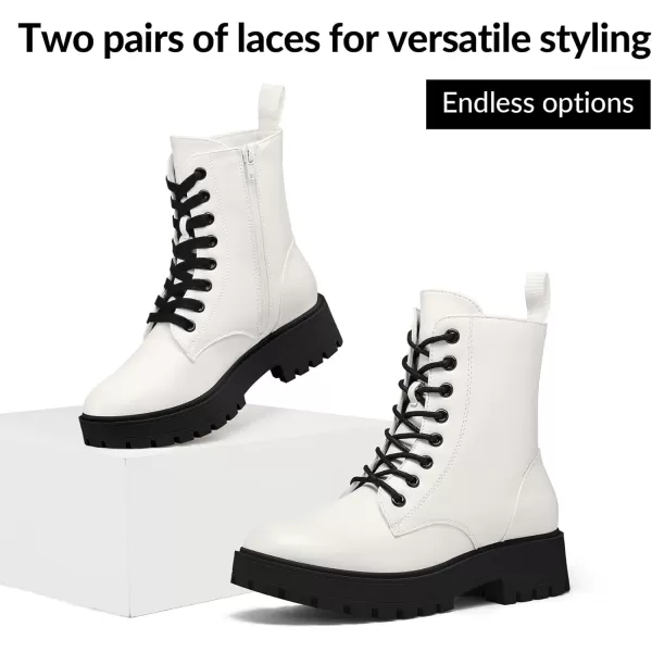 mysoft Womens Combat Boots LaceUp Platform Chunky Low Heel Ankle Booties Side Zipper ShoesWhite