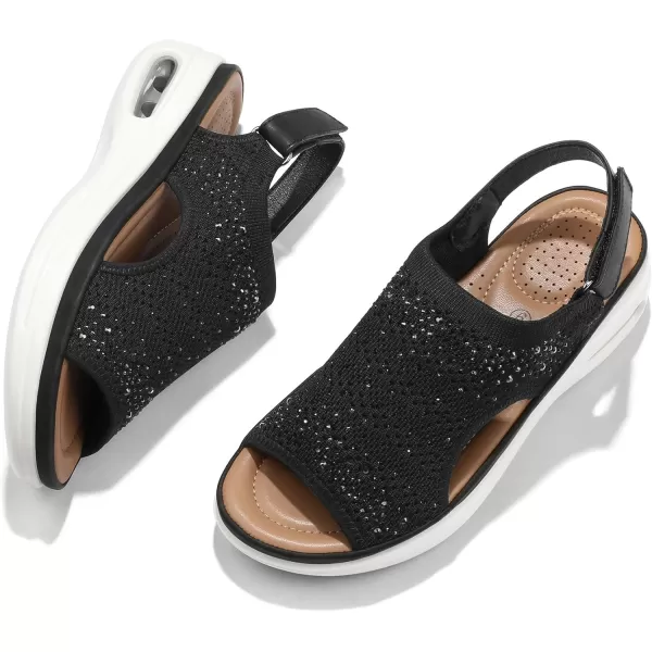 mysoft Womens Comfortable Air Cushion Support Walking Sandals Breathable Knit Slingback Platform ShoesBlack Rhinestone