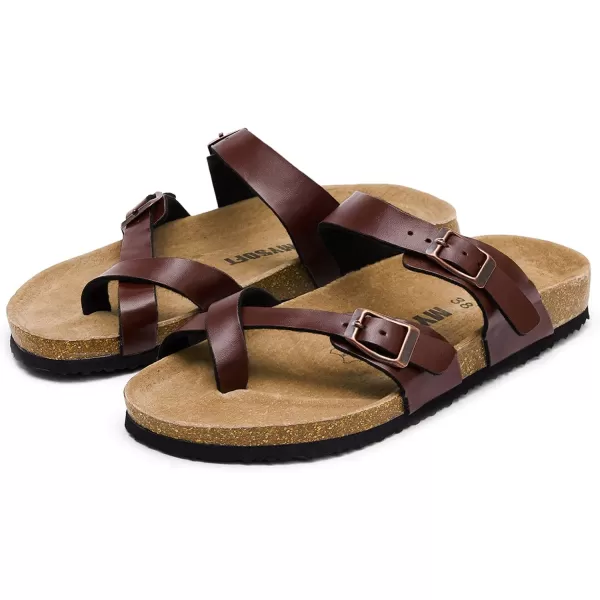 mysoft Womens Cork Footbed Sandal Slip On Double Buckle Slide Sandals with Comfort Arch SupportBrown