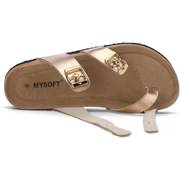 mysoft Womens Cork Footbed Sandal Slip On Double Buckle Slide Sandals with Comfort Arch SupportRose Gold