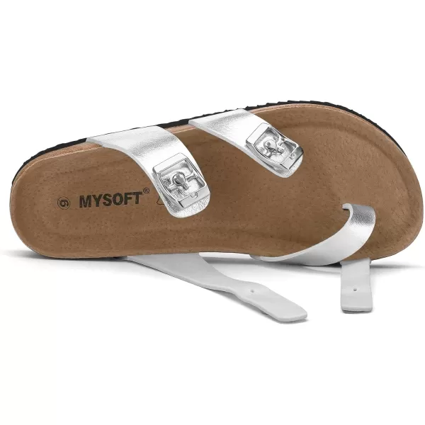 mysoft Womens Cork Footbed Sandal Slip On Double Buckle Slide Sandals with Comfort Arch SupportSilver