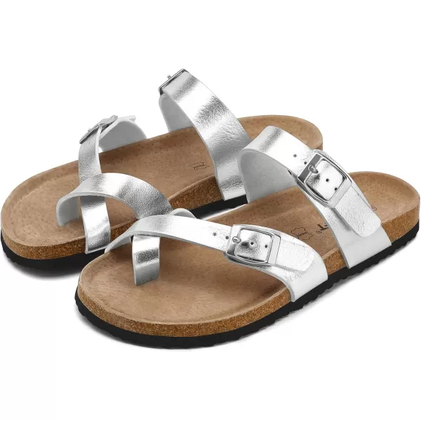 mysoft Womens Cork Footbed Sandal Slip On Double Buckle Slide Sandals with Comfort Arch SupportSilver