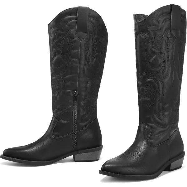 mysoft Womens Cowboy Boots Mid Calf Cowgirl Boots Embroidered Western Pointed Toe Chunky Heel Pull On Knee High BootsBlack