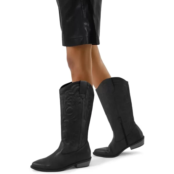 mysoft Womens Cowboy Boots Mid Calf Cowgirl Boots Embroidered Western Pointed Toe Chunky Heel Pull On Knee High BootsBlack