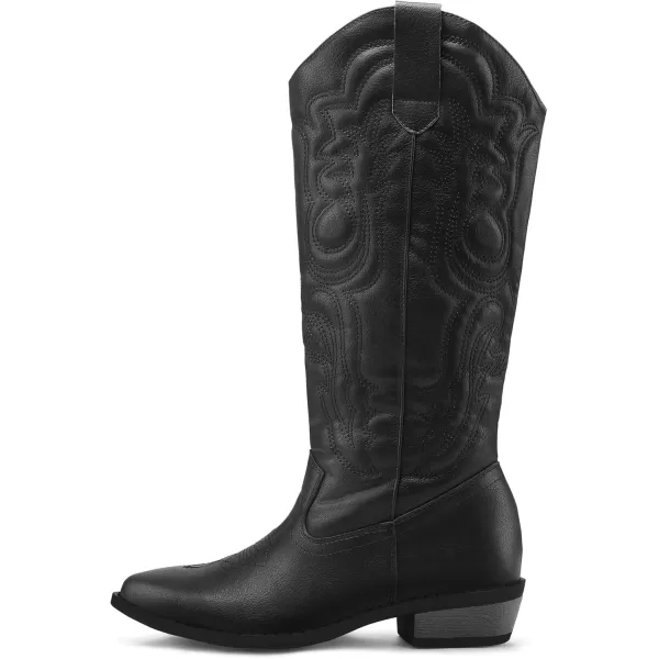 mysoft Womens Cowboy Boots Mid Calf Cowgirl Boots Embroidered Western Pointed Toe Chunky Heel Pull On Knee High BootsBlack