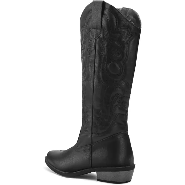mysoft Womens Cowboy Boots Mid Calf Cowgirl Boots Embroidered Western Pointed Toe Chunky Heel Pull On Knee High BootsBlack