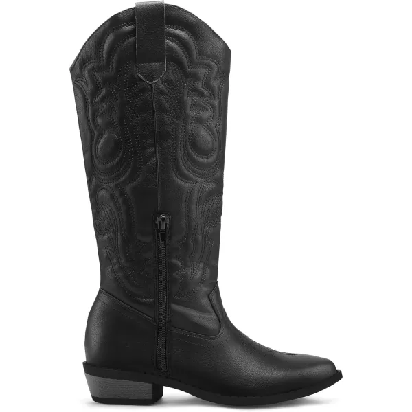 mysoft Womens Cowboy Boots Mid Calf Cowgirl Boots Embroidered Western Pointed Toe Chunky Heel Pull On Knee High BootsBlack