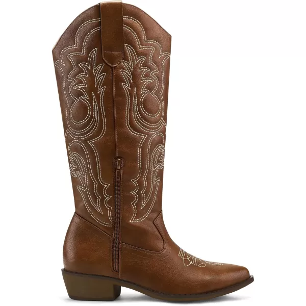 mysoft Womens Cowboy Boots Mid Calf Cowgirl Boots Embroidered Western Pointed Toe Chunky Heel Pull On Knee High BootsBrown