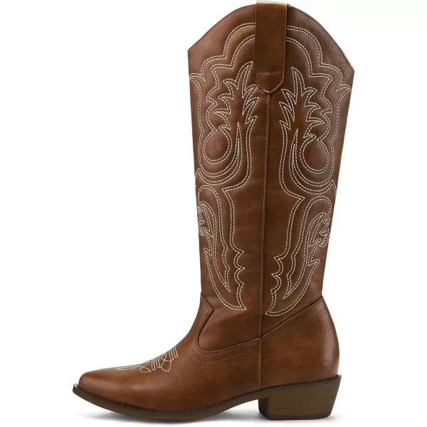 mysoft Womens Cowboy Boots Mid Calf Cowgirl Boots Embroidered Western Pointed Toe Chunky Heel Pull On Knee High BootsBrown