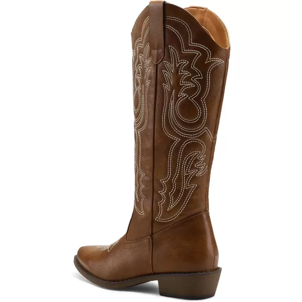 mysoft Womens Cowboy Boots Mid Calf Cowgirl Boots Embroidered Western Pointed Toe Chunky Heel Pull On Knee High BootsBrown