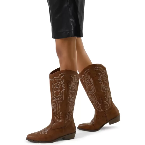 mysoft Womens Cowboy Boots Mid Calf Cowgirl Boots Embroidered Western Pointed Toe Chunky Heel Pull On Knee High BootsBrown