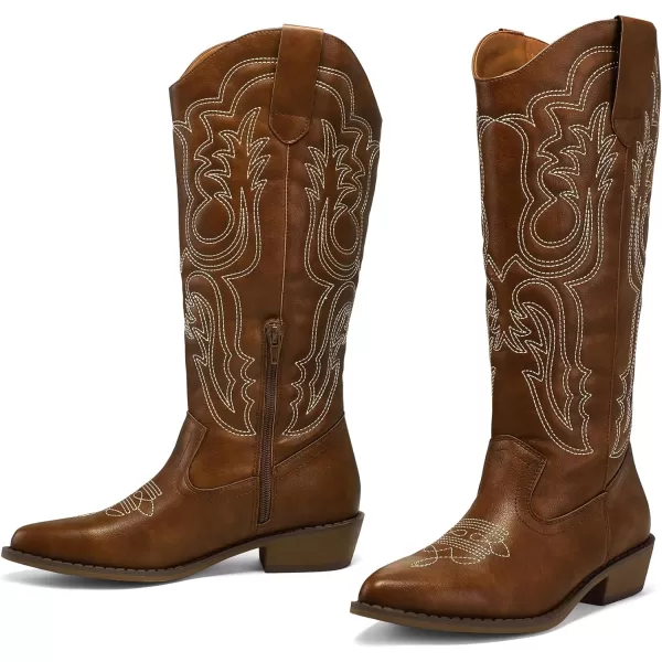 mysoft Womens Cowboy Boots Mid Calf Cowgirl Boots Embroidered Western Pointed Toe Chunky Heel Pull On Knee High BootsBrown