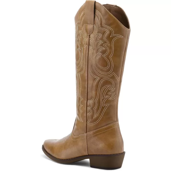 mysoft Womens Cowboy Boots Mid Calf Cowgirl Boots Embroidered Western Pointed Toe Chunky Heel Pull On Knee High BootsBrown Embroidery