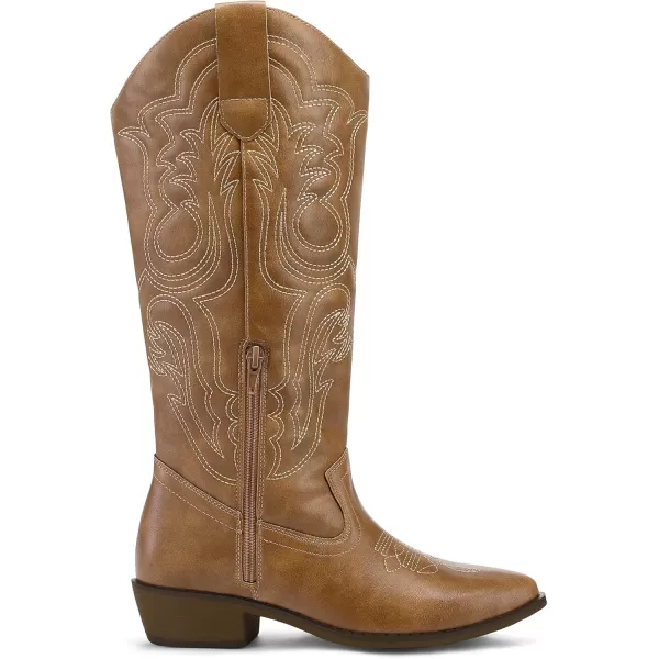 mysoft Womens Cowboy Boots Mid Calf Cowgirl Boots Embroidered Western Pointed Toe Chunky Heel Pull On Knee High BootsBrown Embroidery