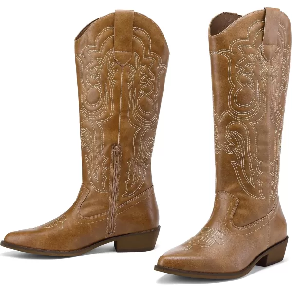 mysoft Womens Cowboy Boots Mid Calf Cowgirl Boots Embroidered Western Pointed Toe Chunky Heel Pull On Knee High BootsBrown Embroidery