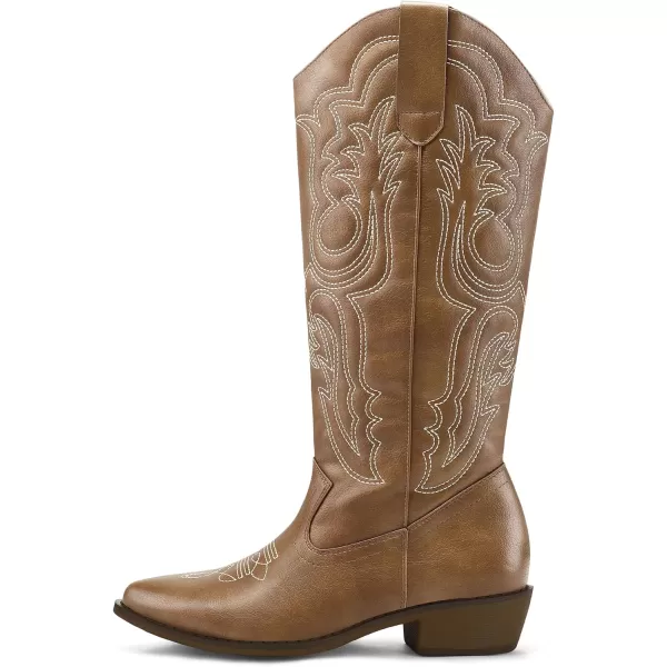 mysoft Womens Cowboy Boots Mid Calf Cowgirl Boots Embroidered Western Pointed Toe Chunky Heel Pull On Knee High BootsLight Brown