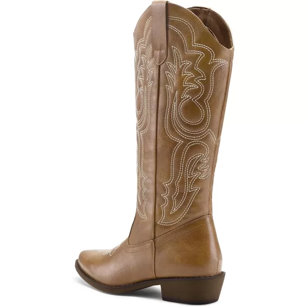 mysoft Womens Cowboy Boots Mid Calf Cowgirl Boots Embroidered Western Pointed Toe Chunky Heel Pull On Knee High BootsLight Brown