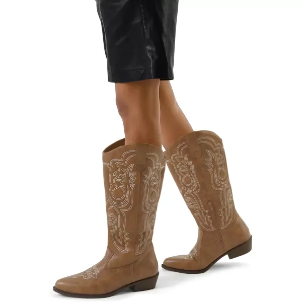 mysoft Womens Cowboy Boots Mid Calf Cowgirl Boots Embroidered Western Pointed Toe Chunky Heel Pull On Knee High BootsLight Brown